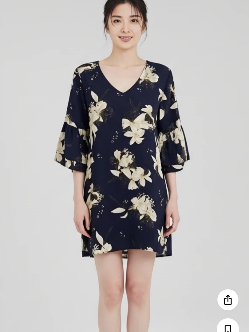 Floral V-Neck Navy Dress with Cream Blooms